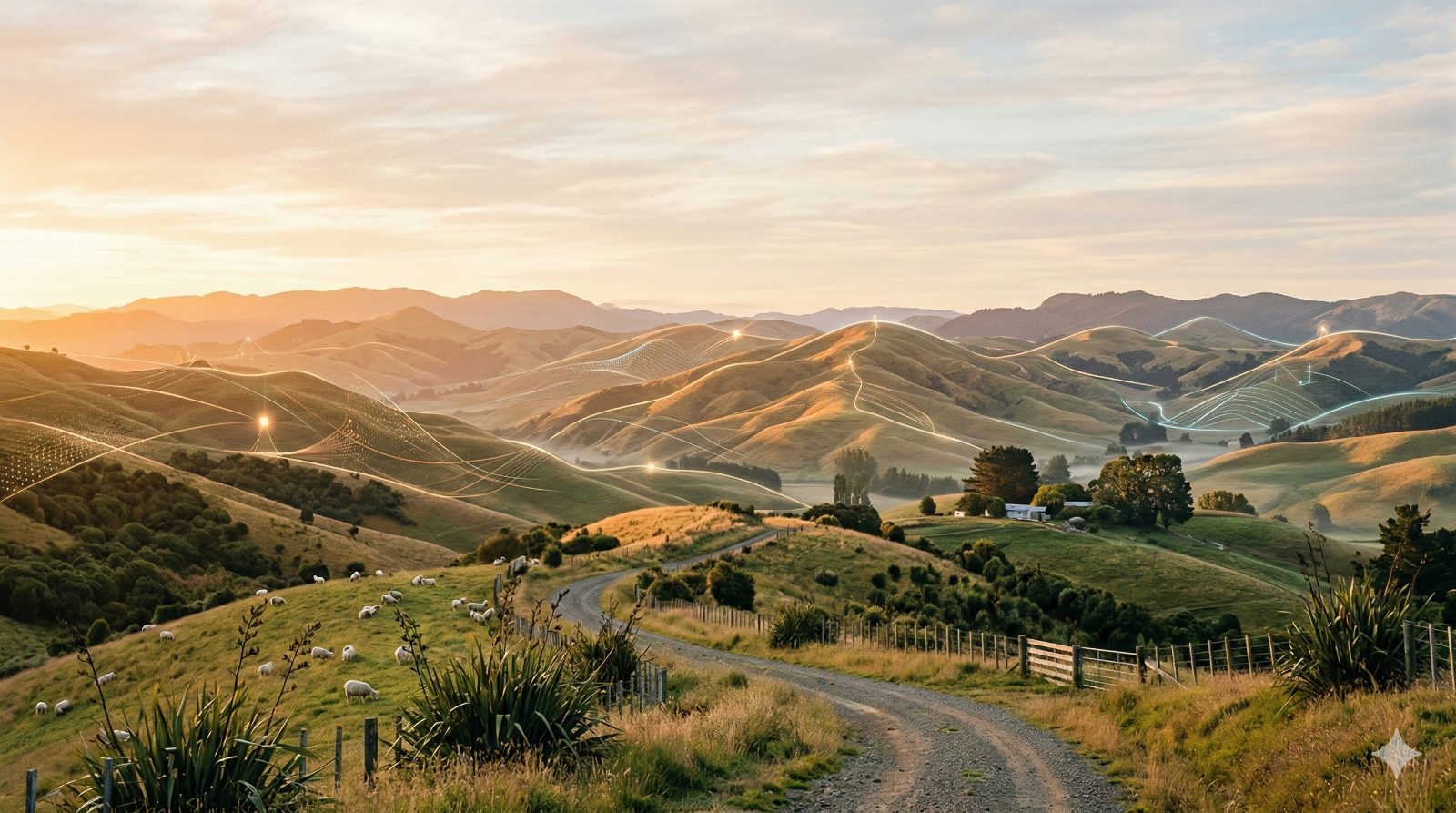 Wairarapa hills at golden hour with connecting lines of light tracing across the landscape and sheep grazing along a country road