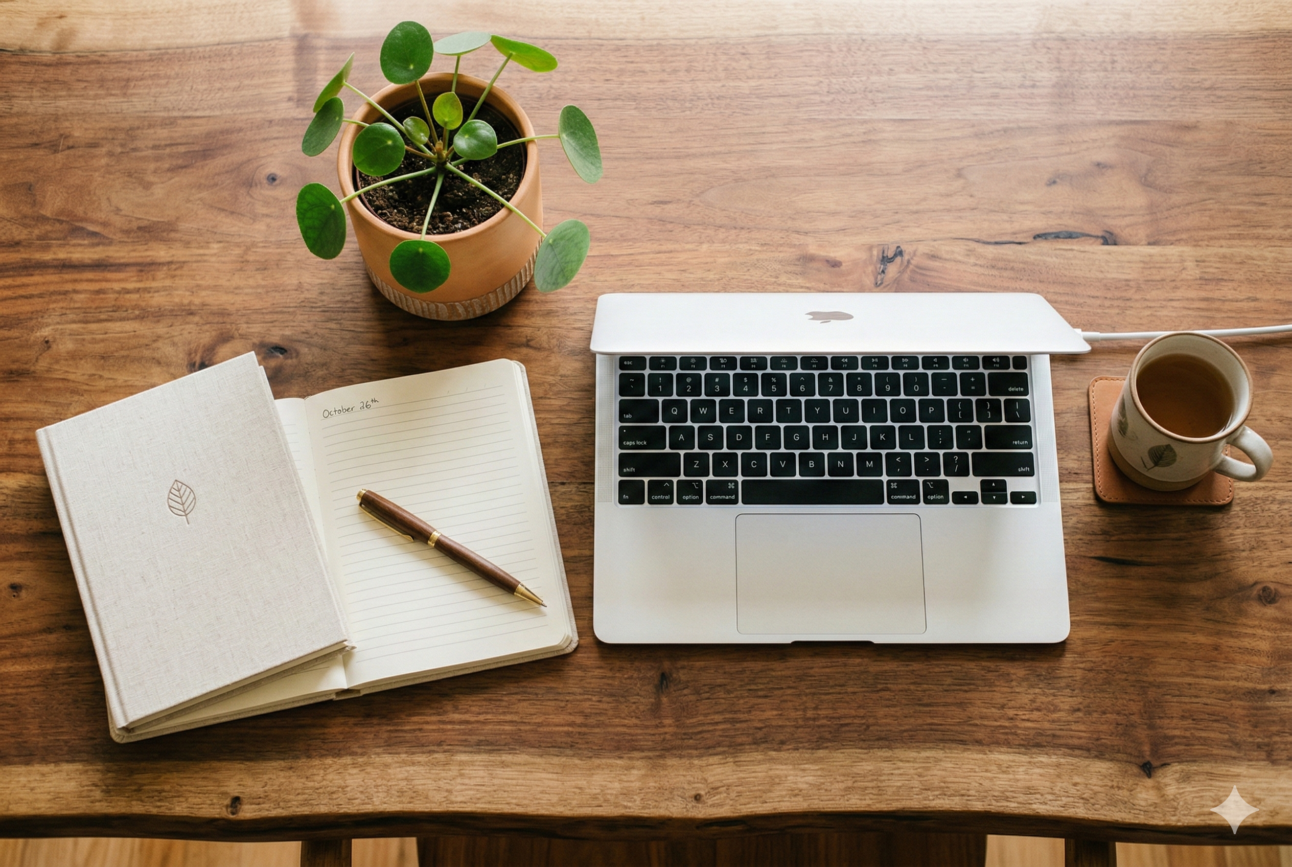 Notebook, pen, and laptop on a tidy wooden desk