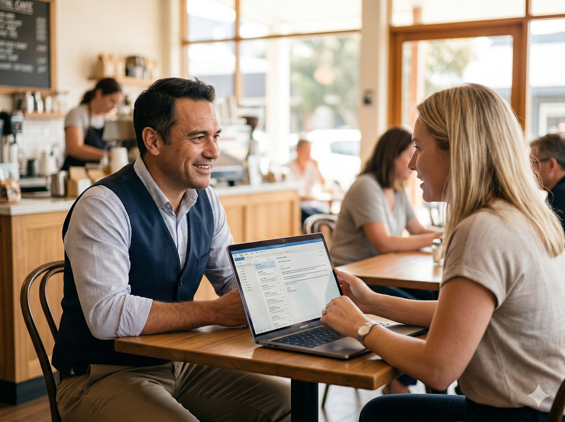 Local business owner chatting with an AI consultant in a cafe